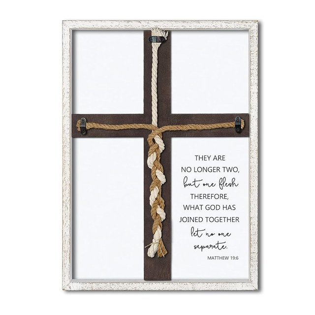 Matthew 19:6 What God Has Joined Sign 15"X10" Cord of Three Strands Unity Cross Braid Wall Decor Anniversary Religious Gifts for Couple Cross to Braid or Tie God's Knot, Symbolic of Unity (White)