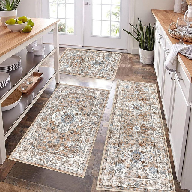 Pauwer Farmhouse Kitchen Rugs Sets of 3, Kitchen Runner Rugs Non Slip Washable, Boho Kitchen Mats for Floor, Indoor Door Mat Entrance, Laundry Room Rug, Thick Kitchen Floor Mat Carpet