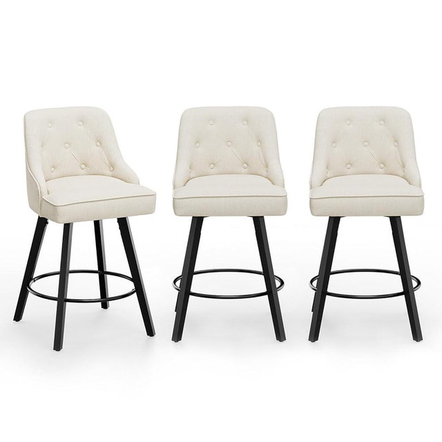 VINGLI 26" H Swivel Barstools Set of 3, Linen Fabric Upholstered Counter Stool with Back, Kitchen High Chairs Counter Height Bar Stools with Cushion, Solid Wood Legs, Beige
