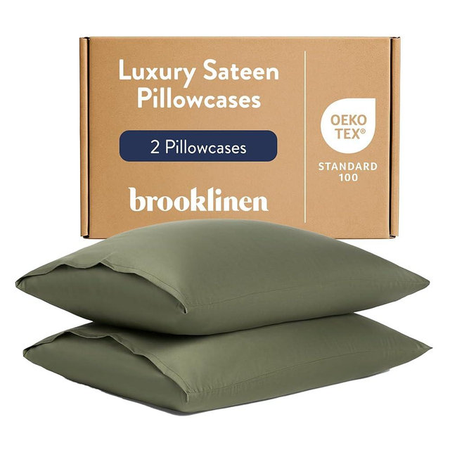 Brooklinen Luxury Sateen Pillowcases - Set of 2, 100% Long Staple Cotton with Envelope Closure, Smooth Fabric, Soft & Durable, Machine Washable - Standard Size (Fresh Moss)