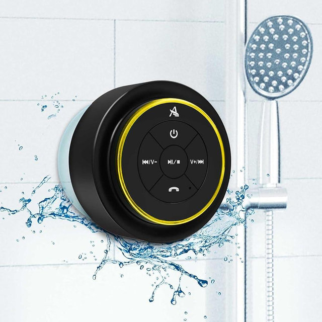 XLEADER Upgraded, Shower Speaker, Certified IPX7 Waterproof Bluetooth Speaker with Suction Cup and Hook Clip, Built-in Mic, Crystal Sound & Rich Bass, up to 12H Playtime, Ideal Gifts, Gold A