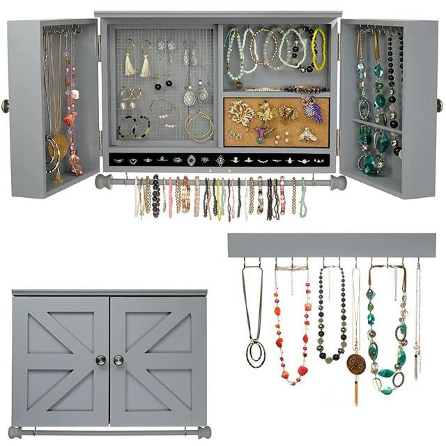 Rustic Wall Mounted Jewelry Organizer with Wooden Barndoor Decor. Jewelry holder for Necklaces, Earings, Bracelets, Ring Holder, and Accessories. Includes hooks for hanging jewelry - Solid Gray