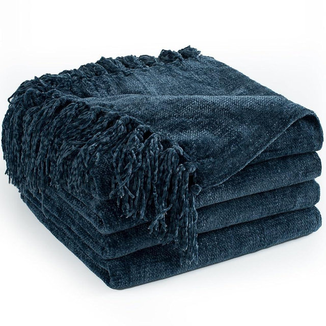 LONG CREATE Chenille Throw Blanket for Couch 50"X 60", Soft Cozy Throws with Fringe Tassel for Bed Sofa Chair, Lightweight Knitted Decorative Farmhouse Boho Blankets for Gift, Navy Blue