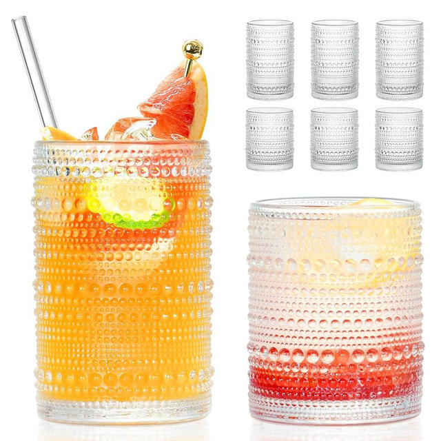 FULGNU Hobnail Drinking Glasses with Straws, 15 oz & 12 oz Vintage Drinking Glasses Set of 8, Embossed Glasses Drinking Set, Textured Glass Cups for Kitchen, Beer, Juice, Cocktail, Whiskey, Milk