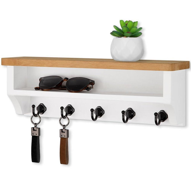 Nekon Key Holder Wall Mount, Wall Organizer Shelf with 5 Key Hooks, Room Decor for Home and Apartment Essentials, Wood and White