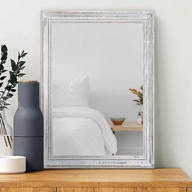 MWAZZLL Wall Mirror 20"x16" with Rustic Wood Frame Rectangle Mirrors for Wall Large Decorative Hanging Mirror for Bathroom Bedroom White
