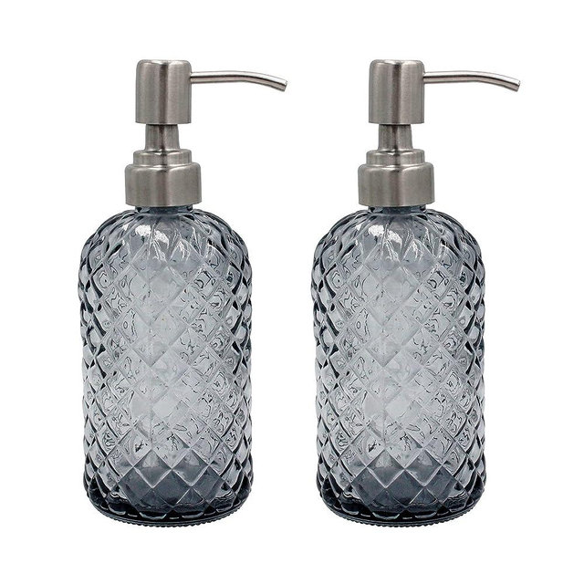 16 Oz Soap Dispenser with 304 Rustproof Stainless Steel Pump, Kitchen, Bathroom Soap Dispenser， Refillable Liquid Glass Soap Dispenser for Hand Soap, Soap, Lotion. (Grey-2pack)