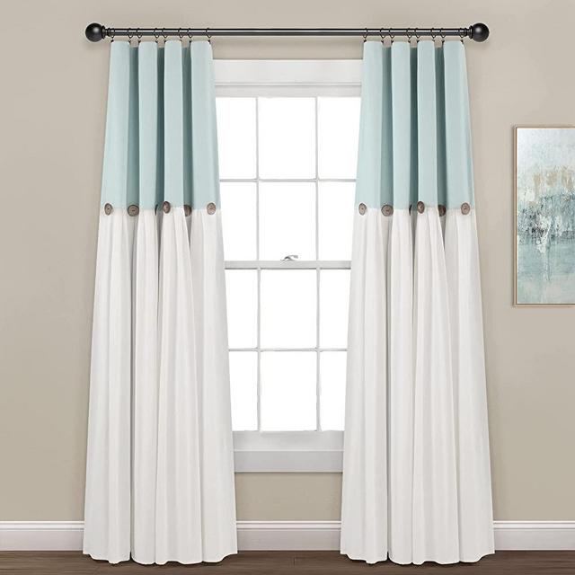 Lush Decor Linen Button 100% Lined Blackout Farmhouse Curtains, Single Panel, 40"W x 84"L, Blue &White