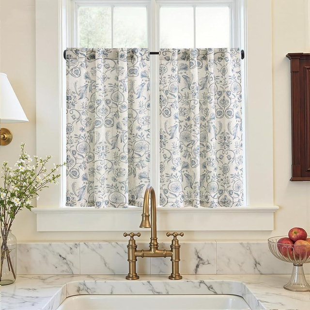 jinchan Small Window Curtains 36 Inch Linen Floral Curtain Set for Kitchen Bathroom Cafe Curtains Light Filtering Window Treatment Farmhouse Cottagecore Back Tab Drapes 2 Panels Blue on Beige