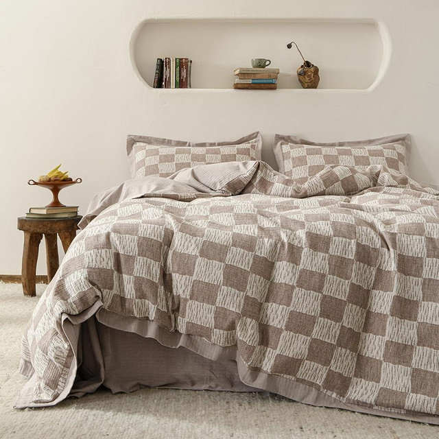 SUSYBAO Plaid Jacquard Duvet Cover King Cotton Linen Taupe Checkered Duvet Cover Double Yarn 3 Pcs Set 1 Herringbone Decor Hemmed Duvet Cover with Zipper Ties 2 Pillow Sham Soft Rustic Bedding Set