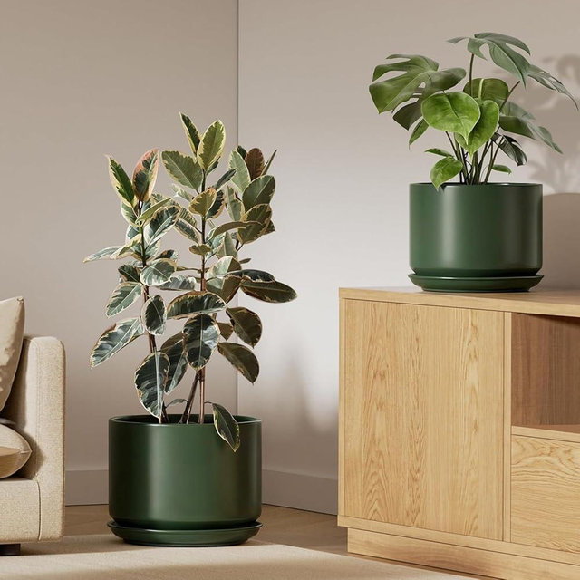 LE TAUCI Ceramic Pots for Plants, Set of 2, 10 + 12 Inch Plant Pot with Drainage Hole and Saucer, Durable & Stylish Planters for Indoor Plants, Elevate Your Home’s Aesthetic, Forest Green