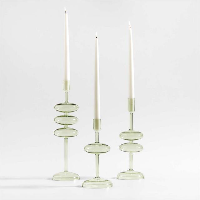 Venezia Smoke Green Glass Taper Candle Holders, Set of 3
