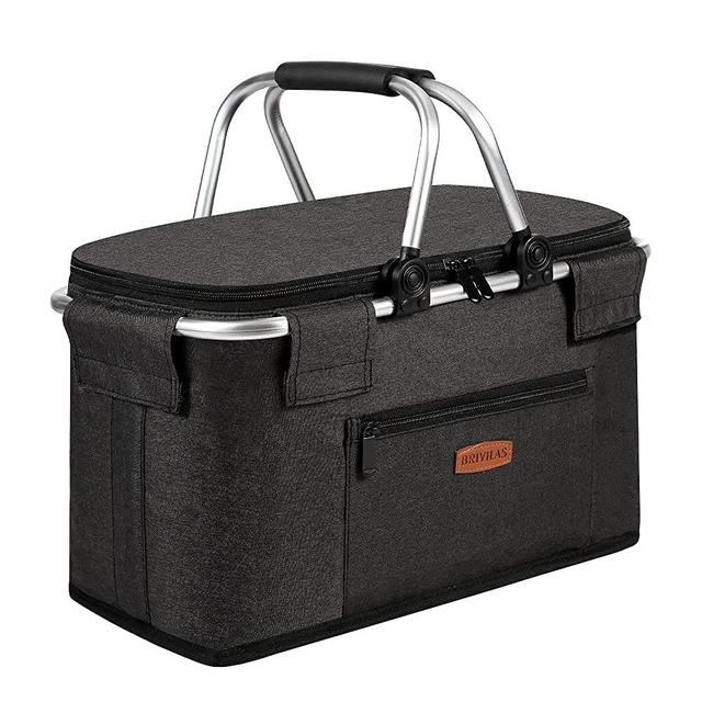 22L Leakproof Brivilas Insulated Picnic Baskets-Collapsible Cooler Bag-Large Portable Laundry Basket /Grocery Bag Basket with Aluminium Handles for Shopping, Travel, Camping, Music Festival (Black)