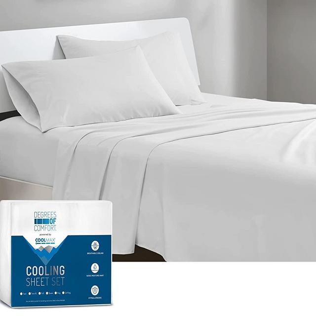 DEGREES OF COMFORT Coolmax Cooling Sheets | Queen Size Bed Sheet Set for Hot Sleepers | Soft Fabric with Deep Pocket, White-4PC