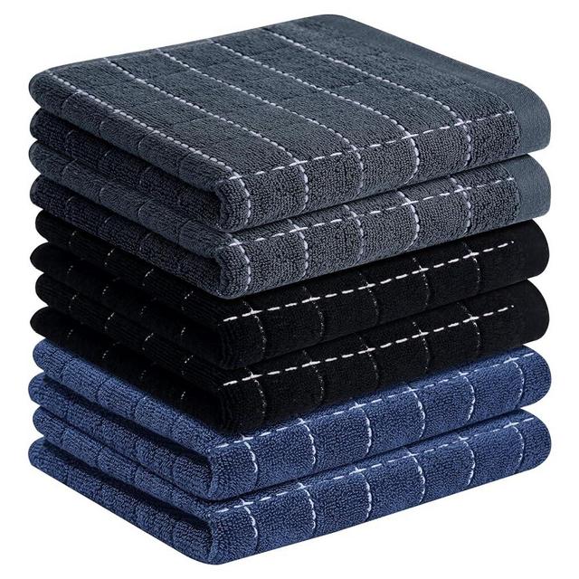 Homaxy 100% Cotton Terry Kitchen Towels(Navy+Grey+Black, 13 x 28 inches), Checkered Designed, Soft and Super Absorbent Dish Towels, 6 Pack