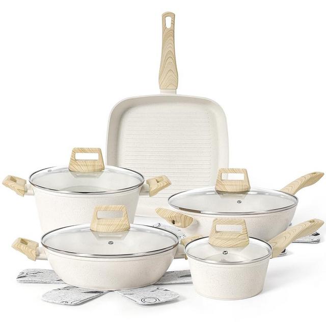 13Pcs Pots and Pans Set, Nonstick Cookware Sets, White Granite Induction Cookware Non Stick Cooking Set with Frying Pans & Saucepans(Non PFOS, PFOA)