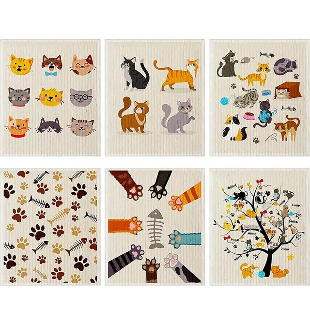 6 Pieces Mixed Cat Swedish Dishcloths Durable Swedish Cleaning Cloths Absorbent and Fast Dry Kitchen Towels Cats Cleaning Cloths for Kitchen Bathroom Office Wedding Housewarming