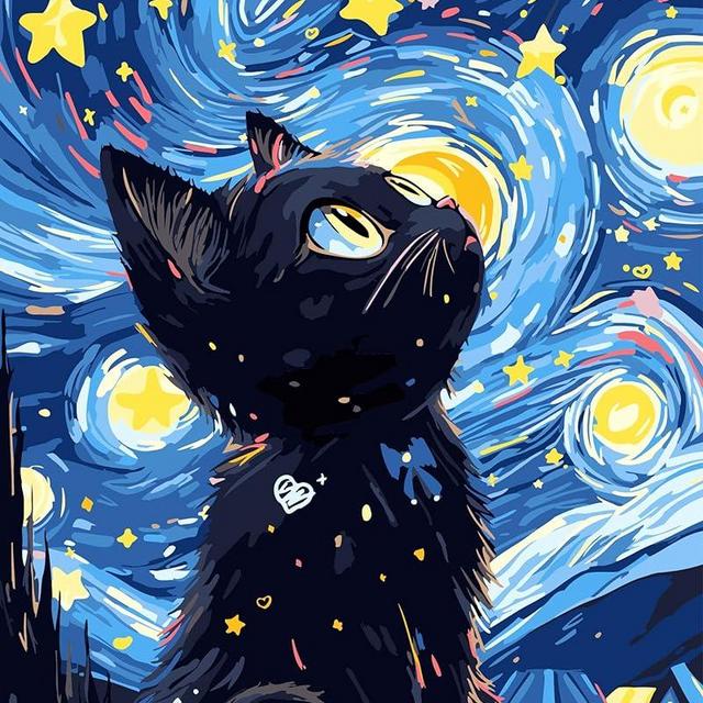 Yunnuo Paint by Numbers for Adults Black Cat, Paint by Numbers kit on Canvas for Beginners, Starry Night Oil Painting Set Craft Supplies, 3 Paintbrushes and Acrylic Paint 16x20 Inch