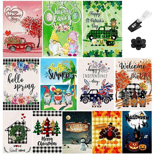 Seasonal Garden Flags Set of 12 Double Sided Valentines Garden Flag, Small Yard Flag for Easter St Patrick Decor All Seasons Holiday Outdoor Decorations 12x18 In, with Free Anti-Wind Clip and Stopper