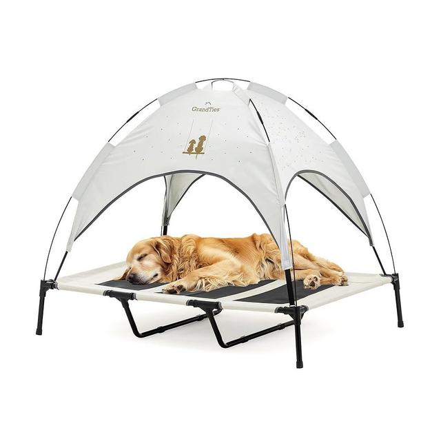 GRANDTIES Cooling Elevated Dog Bed with Canopy – XL Portable Pet Cot for Outdoor & Indoor Use – Waterproof Removable Shade, Breathable Mesh, Slip-Resistant Feet, Easy Assembly – Ivory White