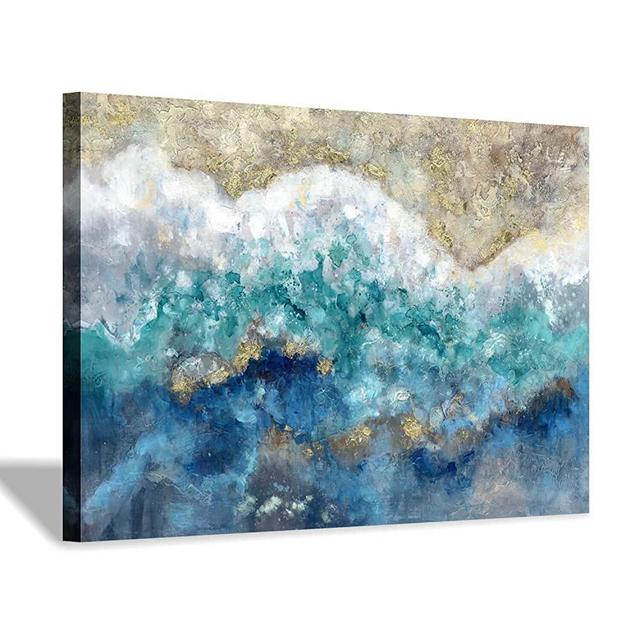 Abstract Picture Canvas Wall Art: Blue & Gold Artwork Painting on Canvas for Office (45'' x 30'' x 1 Panel)