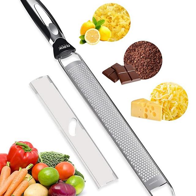 Ourokhome Stainless Steel Lemon Zester- Handheld Kitchen Cheese Grater for Parmesan Cheese, Chocolate, Fruits, Ginger, Coconut, Nuts, Citrus with Cleaning Brush (Black)