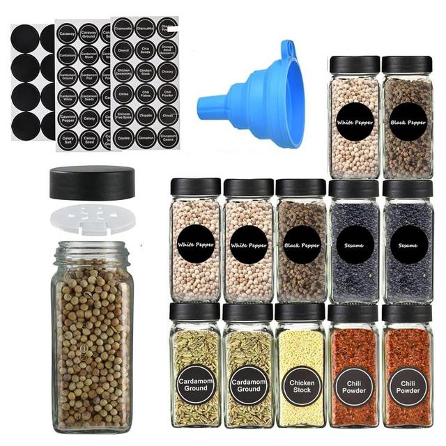 Glass Spice Jars with Lids, Glass Salt and Pepper Shakers Set, 4 oz Glass Jars with Minimalist Farmhouse Spice Labels Stickers, Shaker Lids and Airtight Caps, Collapsible Funnel Included-12 Pcs