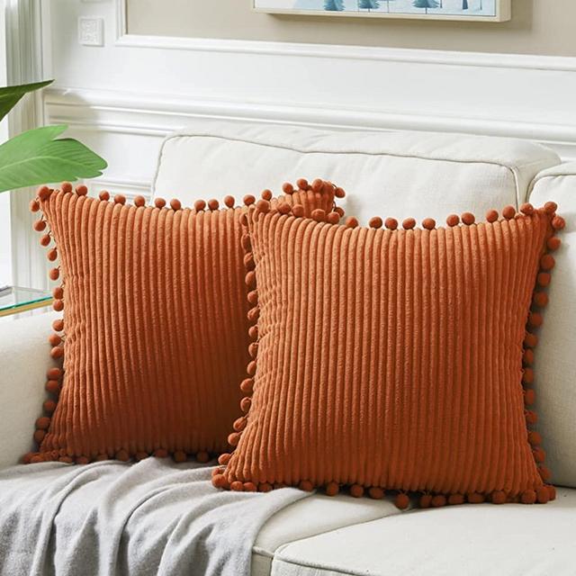 Fancy Homi Pack of 2 Rust Fall Decorative Throw Pillow Covers 16x16 Inch with Pom-poms for Living Room Couch Bedroom, Soft Corduroy Terracotta Solid Square Cushion Case 40x40 cm, Boho Home Decor