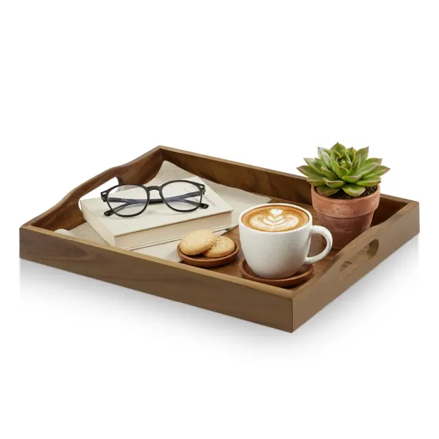 Garnen Walnut Wood Serving Tray with Handles, Rectangular Wooden Tray for Ottoman, Coffee Table, Patio & Breakfast in Bed, Wooden Serving Trays, Brown