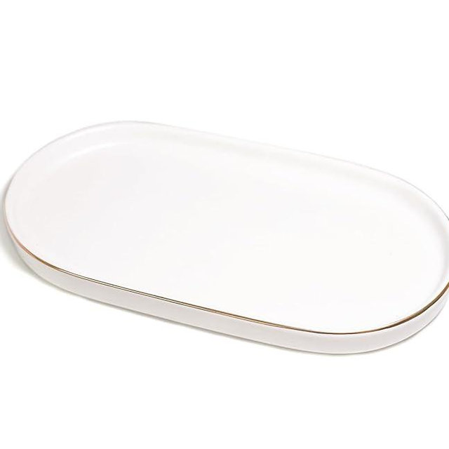 Ceramic Jewelry Dish Tray, Perfume Vanity Tray, 7x4 Decorative Catch All Trays Bowl for Trinket Key Ring, Small Bathroom Counter Tray, Soap Tray for Kitchen Sink (White)