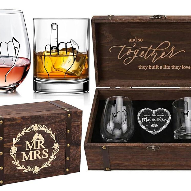 Colorsavant Engagement Gift for Couples with Vintage Keepsake Wood Box – Ring Finger Wine & Whiskey Glass Set + Mr & Mrs Heart Ornament – Couple Gifts for Wedding, Bridal Shower, for Newlyweds