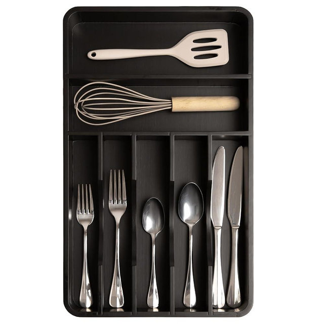 KitchenEdge Silverware Organizer - Cutlery, Flatware, and Utensil Holder for Kitchen Drawers, Fixed 10.5” Width, 7 Storage Compartments, Non-Slip Feet, Rounded Corners, 100% Bamboo, Black Finish