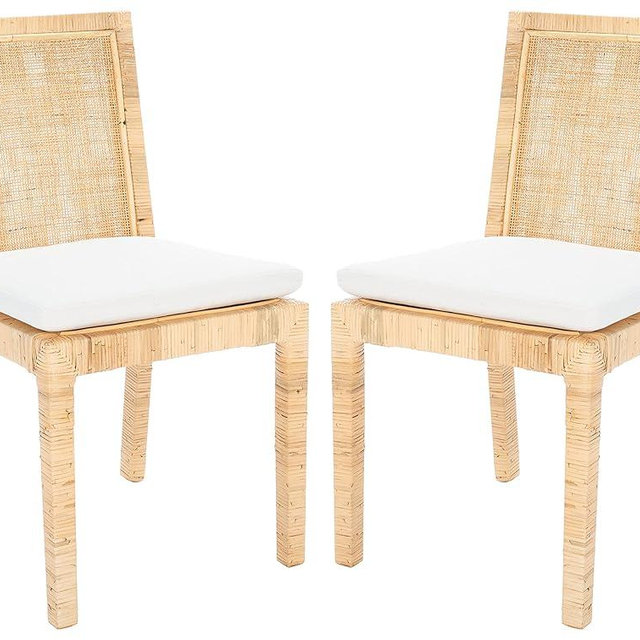SAFAVIEH Home Collection Tojo Coastal Natural Cane/White Cushion Living Room Accent Dining Chair (Fully Assembled)