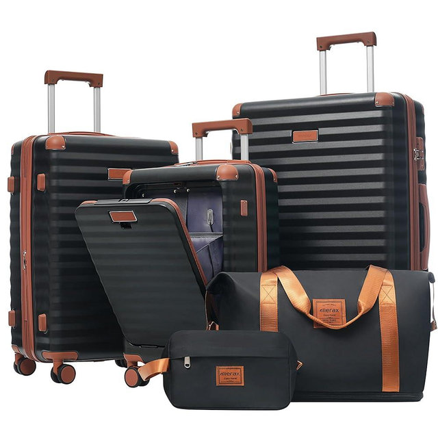 Merax Luggage Sets 5 Piece,Front Open Hardshell Expandable Suitcase with Spinner Wheels and Duffel Bags,Lightweight Carry on Luggage with USB Port and Cup Holder,20/24/28IN,Black and Brown