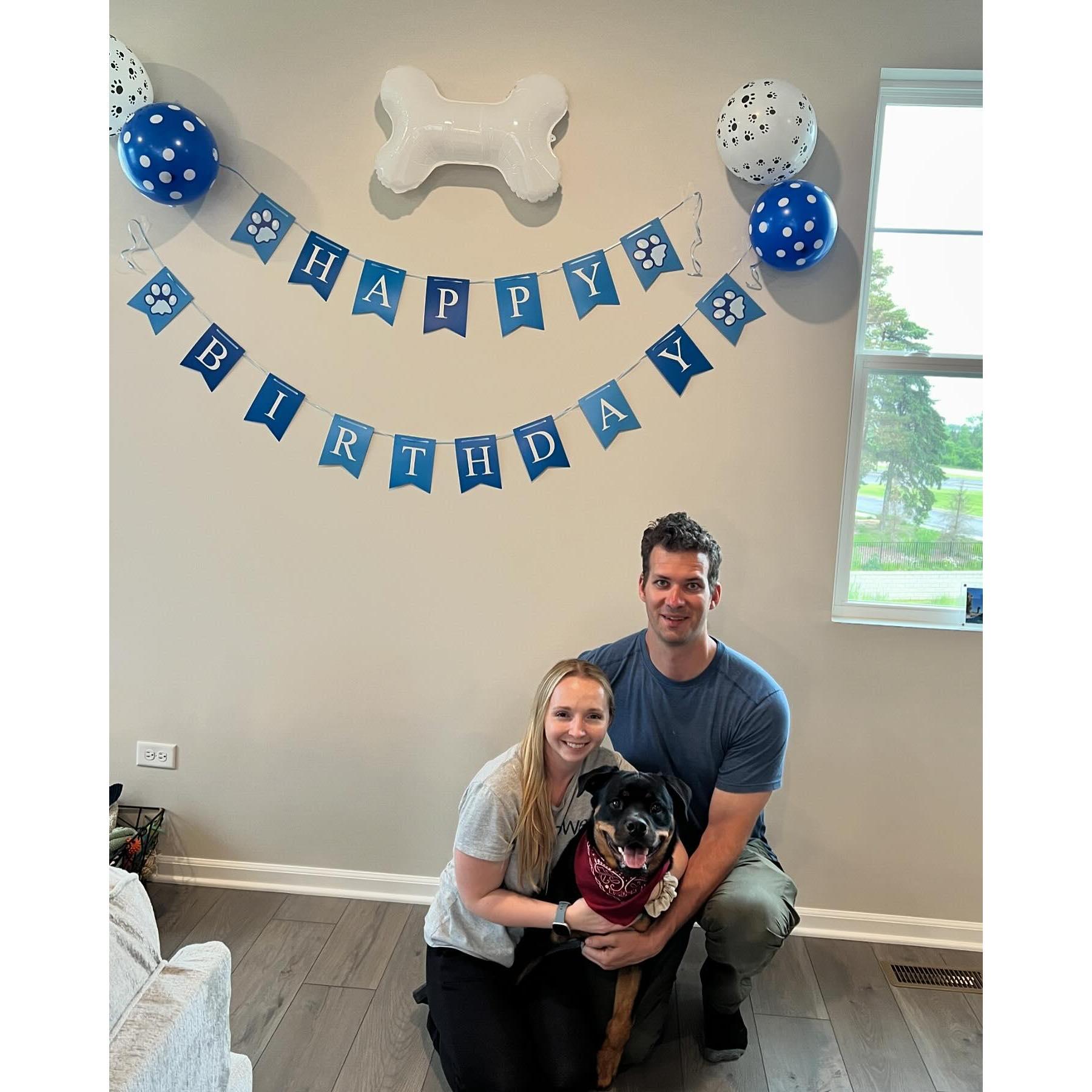 Celebrating their puppy Max's first birthday!