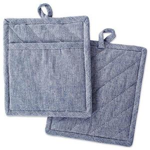 DII Cotton Chambray Pot Holders with Pocket, 9x8" Set of 2, Machine Washable and Heat Resistant Pocket Mitts for Kitchen Cooking and Baking-Blue