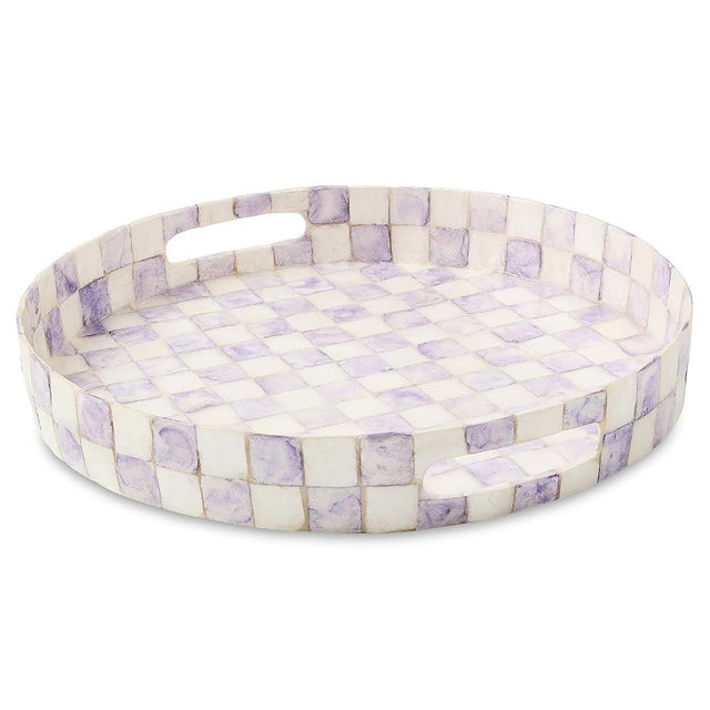 MACKENZIE-CHILDS Capiz Round Tray, Decorative Trinket Dish, Purple-and-White Violet Check