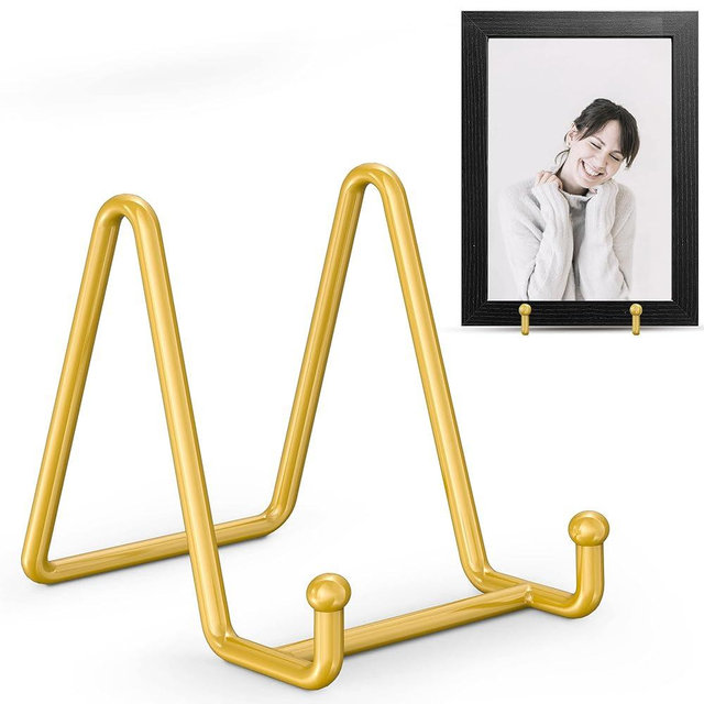 TR-LIFE 4 Pack 3 Inch Plate Stands for Display - Plate Holder Display Stand + Metal Frame Holder Stand for Picture, Decorative Plate, Photo Easel, Tabletop Art (Gold 4 Pack)