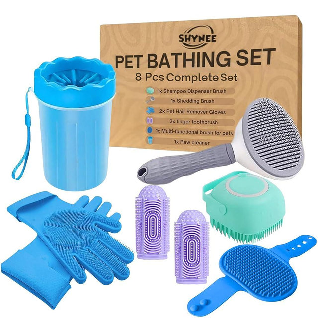 8PCs Dog Grooming Kit - Dog Shampoo Brush | Dog Washing Gloves | Adjustable Dog Bath Brush | Dog Paw Cleaner | 2x 360 Dog ToothBrush | Dog Scrubber for Bath & Massage - A Complete Pet Grooming Kit
