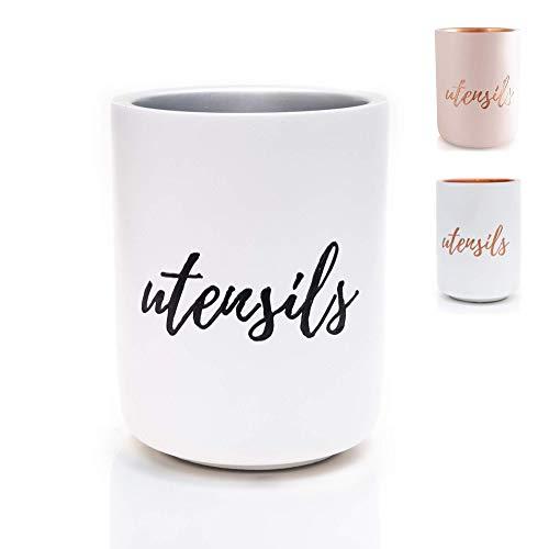 Cement, White Utensil Holder, Cooking Utensil Holder for Kitchen - Modern Farmhouse Canisters