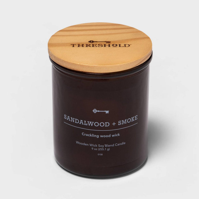 9oz Lidded Amber Glass Jar Crackling Wooden Wick Sandalwood and Smoke Candle - Threshold™