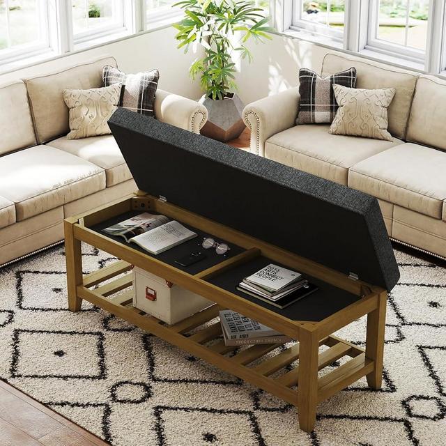 Befurtori Large Rectangular Upholstered Ottoman Bench, Linen Tufted Footrest Ottoman with Solid Wood Shelf Storage Coffee Table for Bedroom Living Room, Dark Gary