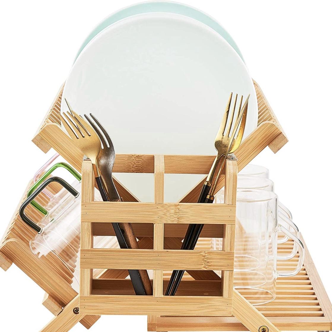 Worthyeah Bamboo Dish Drying Rack, 3 Tier Collapsible Dish Rack with Utensil Holder, Wooden Dish Drying Rack for Kitchen Counter, Large Folding Drying Holder, Dish Drainer