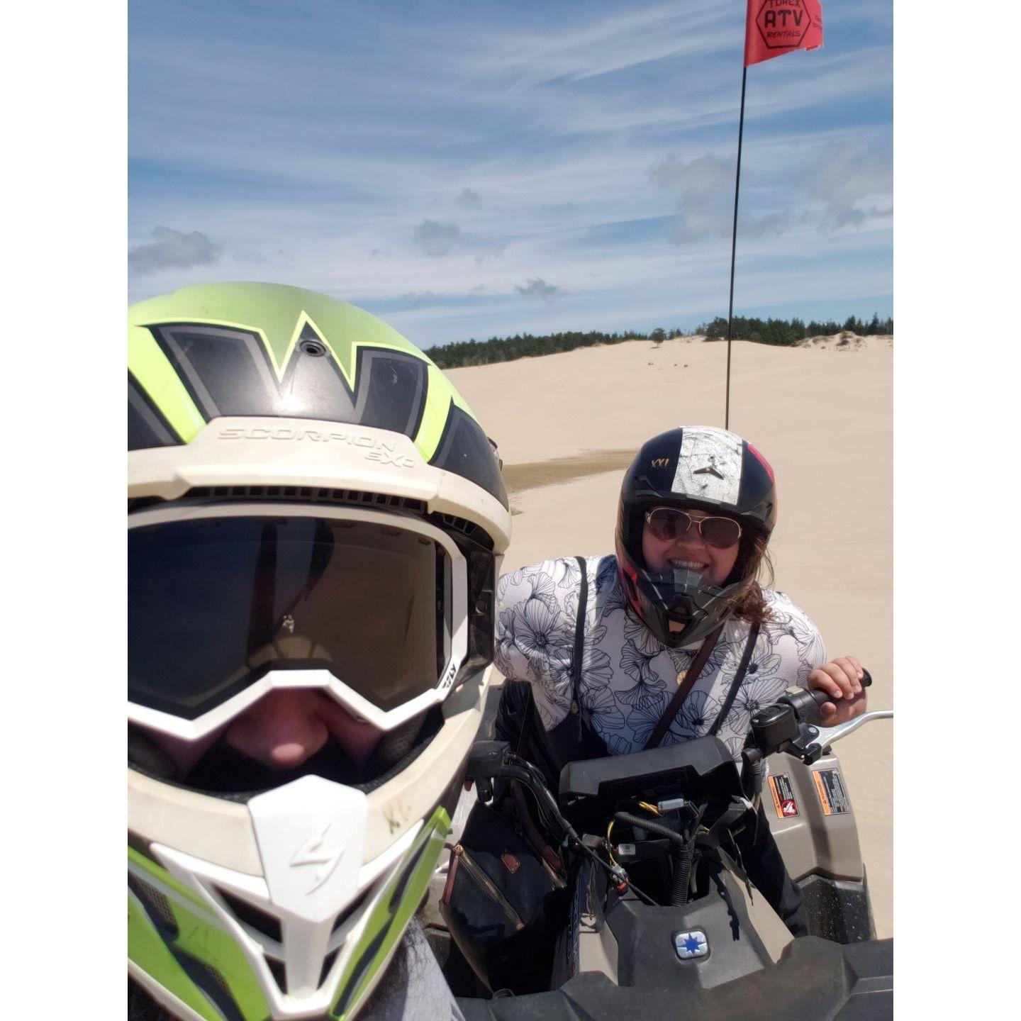 4 Wheeling through the sand dunes of the Oregon coast. Elaine has never been so happy!