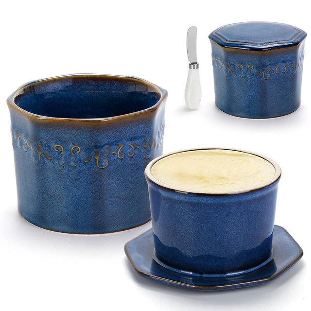French Butter Crock with Lid for Countertop, Ceramic Butter Dish with Butter Spreader, Butter Container Keeper With Waterline for 280g/9.8oz Spreadable Soft Butter ( Blue )