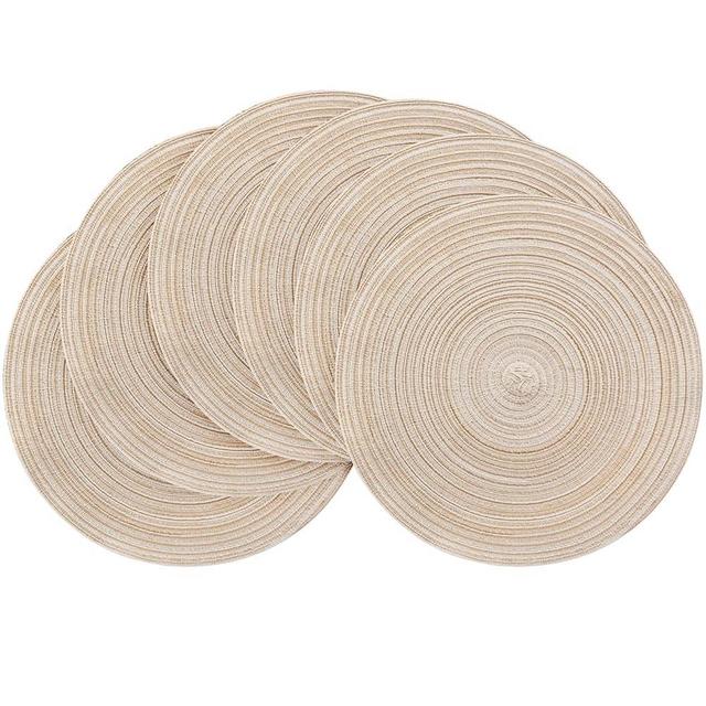 Floroom 15 Inch Round Braided Placemats Set of 6, Washable Heat Resistant Cotton Polyester Circle Place Mats for Kitchen Dining Table - Canvas Beige