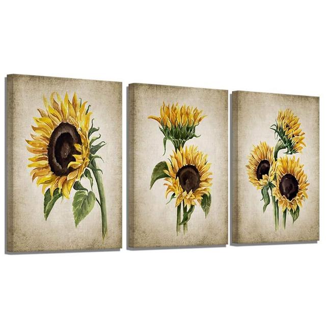 Sunflower Kitchen Decor Simple Life Rustic Wall Decor Vintage Watercolor Sunflower Wall Pictures for Bedroom 3 Pieces Canvas Art Flower Painting Kitchen Wall Decor Gallery Wrapped 12x16inches x3pcs