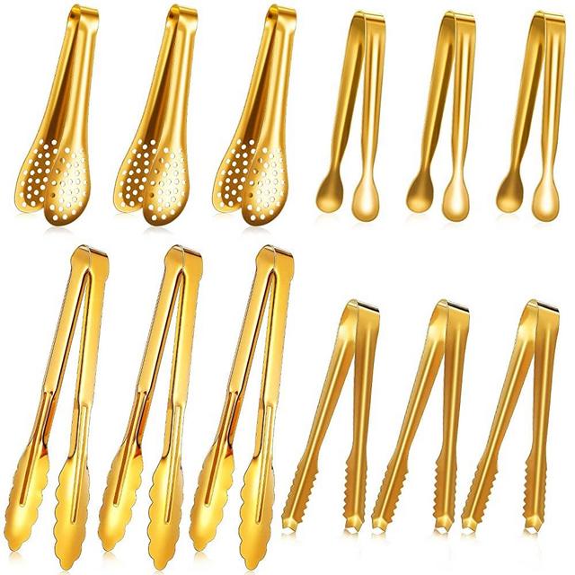 Sawysine 12 Pieces Tongs for Serving Gold Serving Utensils Mini Serving Tong Stainless Steel Appetizer Tongs Ice Sugar Tong Gold Food Tong Cooking Tong for Salad Kitchen Buffet Party, 5 Inch, 9 Inch