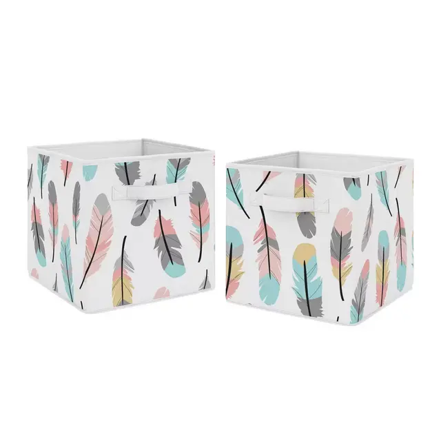 Sweet Jojo Designs® Feather Fabric Storage Bins in Turquoise/Coral (Set of 2)