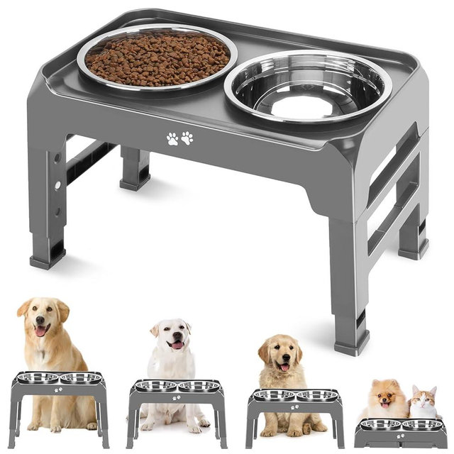 Elevated Dog Bowls, 4 Height Adjustable Raised Dog Bowl Stand with 2 Thick 50oz Stainless Steel Dog Food Bowls Non-Slip Dog Feeder for Large Medium Dogs Adjusts to 3.7", 9.2", 10.75", 12.36" Grey